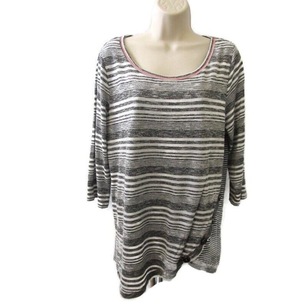 Casual Tunic Top XL Gray White Red Striped 3/4 Sleeve Stretch Pullover NWT